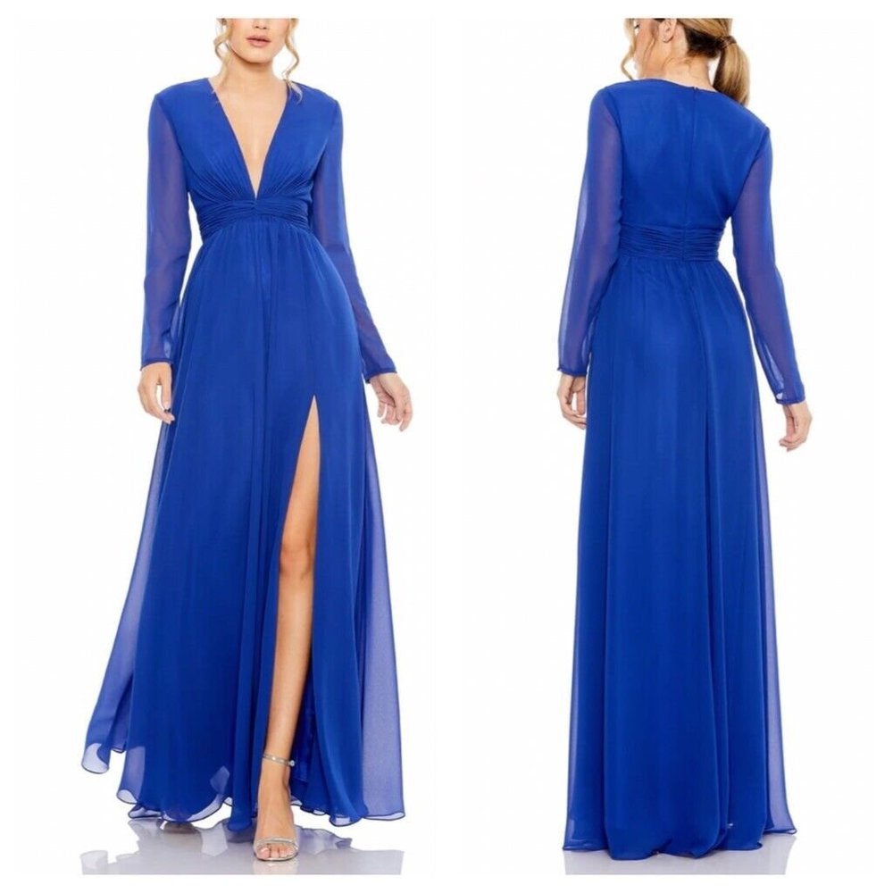 Mac Duggal Royal Blue Long Sleeve Plunge Maxi Gown with Front Slit
